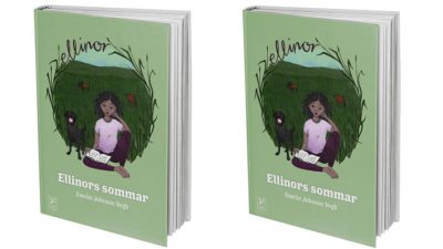 Bild av boken som står på högkant. Ellinor sitter på en äng med gräs med en bok uppslagen i knät. Bredvid står en liten hund med tungan som hänger ut.