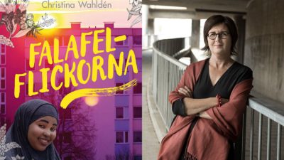 En bild på omslaget och en bild på författaren. På omslaget står titeln med stora bokstäver. I bakgrunden syns höghus och under titeln är en tjej som ler stort. Hon har slöja på sig. Författarbilden visar Christina. Hon står lutade mot ett räcke. Hon har en sjal svept runt axlarna och rund glasögon. Hennes hår är ganska kort och hon ser ut att vara i medelåldern.