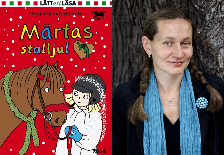 En bild på boken och en på författaren. På bokens framsida är det en tecknad bild av Maja som håller i en häst. Hon har lucialinne och glitter ovanpå sin ridhjälm. Författaren har långt hår i flätor och en halsduk hängande runt halsen.